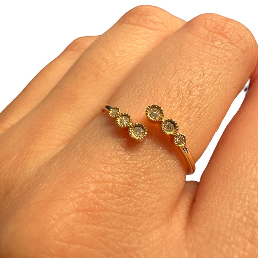 14K solid yellow gold dainty milgrain set six diamond bypass ring